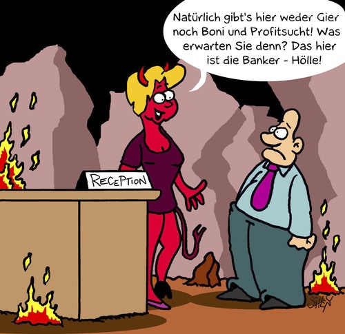Cartoon: Hölle! (medium) by Karsten Schley tagged banken,bankenboni,banker,investments,investmentbanker,anlagen,bankenkrise,geld,wirtschaft,business,euro,eurokrise,schulden,banken,banker,investments,investmentbanker,bankenkrise