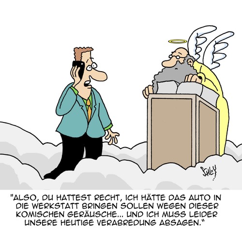 Cartoon: Ich kann heute nicht... (medium) by Karsten Schley tagged unfälle,religion,autos,hölle,himmel,tod,leben,verabredungen,dates,dates,verabredungen,leben,tod,himmel,hölle,autos,religion,unfälle