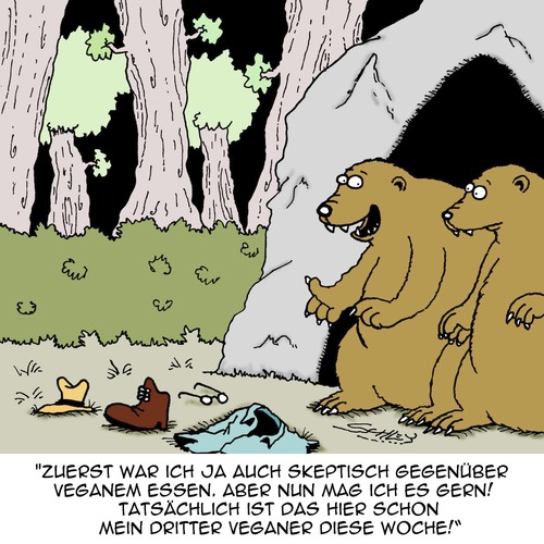 Cartoon: Is voll vegan! (medium) by Karsten Schley tagged ernährung,mode,nahrungsmittel,vegan,veganer,fleisch,tiere,natur,bären,ernährung,mode,nahrungsmittel,vegan,veganer,fleisch,tiere,natur,bären