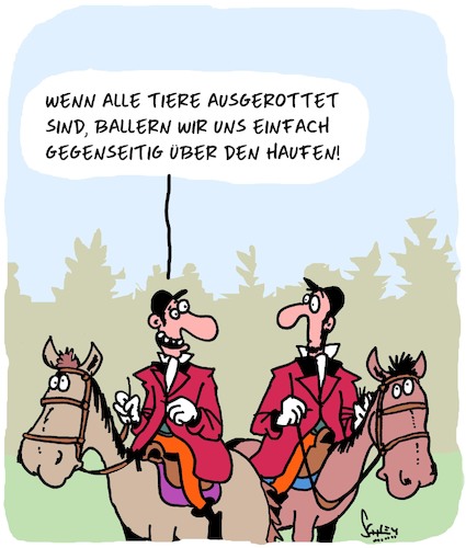 Cartoon: Jäger und Beute (medium) by Karsten Schley tagged jagen,tiere,beute,schiessen,waffen,jäger,tod,umwelt,freizeit,jagen,tiere,beute,schiessen,waffen,jäger,tod,umwelt,freizeit