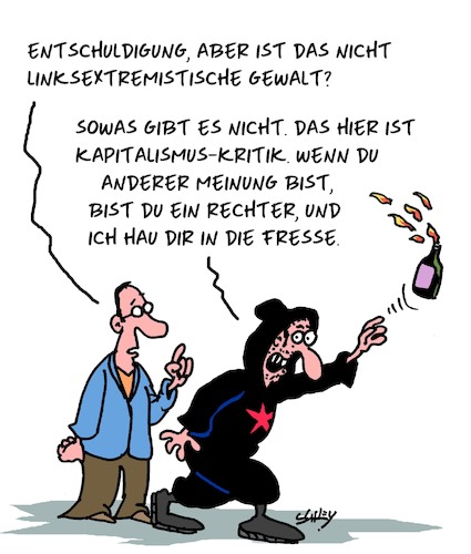 Cartoon: Kapitalismus-Kritik (medium) by Karsten Schley tagged linksextremismus,gewalt,kriminalität,politik,rechtsstaat,gesellschaft,deutschland,linksextremismus,gewalt,kriminalität,politik,rechtsstaat,gesellschaft,deutschland