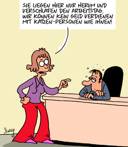 Cartoon: Katzenperson (medium) by Karsten Schley tagged wirtschaft,arbeit,arbeitgeber,arbeitnehmer,fleiß,karriere,büro,jobs,haustiere,katzen,katzenpersonen,gesellschaft,wirtschaft,arbeit,arbeitgeber,arbeitnehmer,fleiß,karriere,büro,jobs,haustiere,katzen,katzenpersonen,gesellschaft