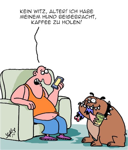 Cartoon: Kein Witz!! (medium) by Karsten Schley tagged haustiere,hunde,hundehalter,tricks,kaffee,apportieren,dressur,haustiere,hunde,hundehalter,tricks,kaffee,apportieren,dressur