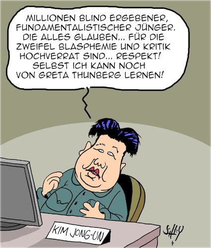 Cartoon: Kim Jong-Un hat Respekt! (medium) by Karsten Schley tagged nordkorea,kim,religion,personenkult,fundamentalismus,politik,greta,klimawandel,medien,gesellschaft,nordkorea,kim,religion,personenkult,fundamentalismus,politik,greta,klimawandel,medien,gesellschaft