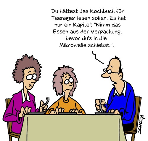 Cartoon: Kochen für Teenager (medium) by Karsten Schley tagged essen,ernährung,kochen,jugend,teenager,kinder,eltern,bücher,lesen,bildung,eltern,kinder,teenager,jugend,kochen,ernährung,essen,bücher,lesen,bildung