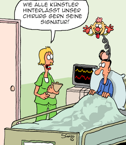 Cartoon: Künstler (medium) by Karsten Schley tagged ärzte,patienten,gesundheit,chirurgen,krankenhaus,operationen,kunst,künstler,signaturen,medizin,gesellschaft,ärzte,patienten,gesundheit,chirurgen,krankenhaus,operationen,kunst,künstler,signaturen,medizin,gesellschaft