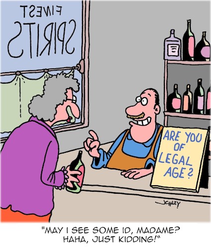 Cartoon: Legal Age (medium) by Karsten Schley tagged age,spirits,sales,law,restrictions,men,women,business,economy,age,spirits,sales,law,restrictions,men,women,business,economy