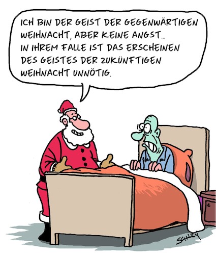 Cartoon: Letzte Weihnachten (medium) by Karsten Schley tagged weihnachten,kultur,religion,christentum,feiertage,literatur,dickens,christmas,carol,geister,zukunft,tod,leben,weihnachten,kultur,religion,christentum,feiertage,literatur,dickens,christmas,carol,geister,zukunft,tod,leben