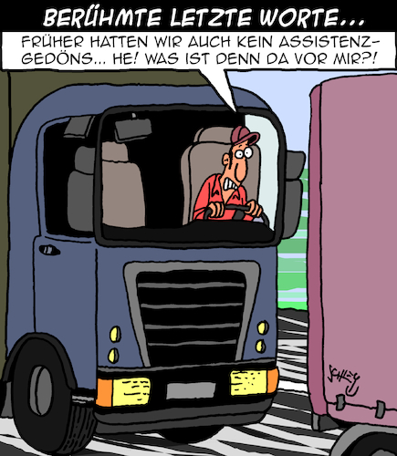 Cartoon: Letzte Worte (medium) by Karsten Schley tagged transport,verkehr,lkw,assistenzsysteme,technik,speditionen,verkehrssicherheit,unfälle,politik,gesellschaft,transport,verkehr,lkw,assistenzsysteme,technik,speditionen,verkehrssicherheit,unfälle,politik,gesellschaft