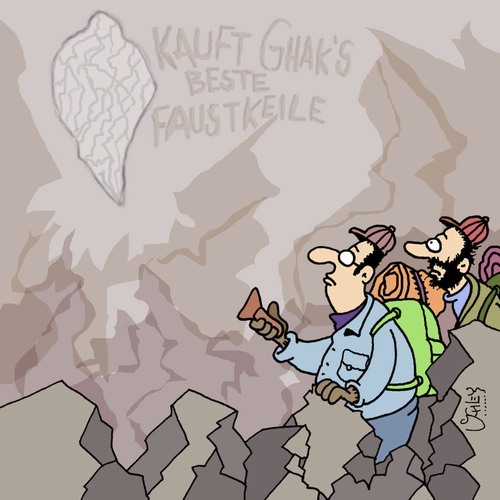 Cartoon: Letztens in einer Höhle... (medium) by Karsten Schley tagged geschichte,prähistorisch,steinzeit,forschung,anthropologie,wissenschaft,werbung,verkaufen,business,wirtschaft,geschichte,prähistorisch,steinzeit,forschung,anthropologie,wissenschaft,werbung,verkaufen,business,wirtschaft