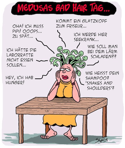 Cartoon: Medusas Bad Hair Tag (medium) by Karsten Schley tagged geschichte,historisches,medusa,mythen,legenden,antike,griechenland,frauen,tiere,schlangen,geschichte,historisches,medusa,mythen,legenden,antike,griechenland,frauen,tiere,schlangen