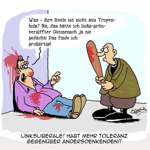 Cartoon: Mehr Toleranz! (medium) by Karsten Schley tagged rechtsradikalismus,faschismus,nazis,gesellschaft,demokratie,gewalt,linke,toleranz,politik,wahlen,rechtsradikalismus,faschismus,nazis,gesellschaft,demokratie,gewalt,linke,toleranz,politik,wahlen