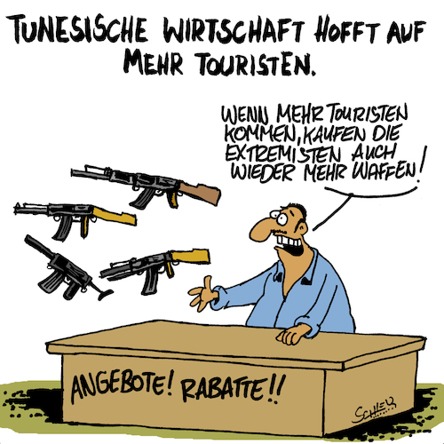 Cartoon: Mehr Tourismus (medium) by Karsten Schley tagged tunesien,reisen,tourismus,einzelhandel,extremismus,wirtschaft,religion,business,islam,tunesien,reisen,tourismus,einzelhandel,extremismus,wirtschaft,religion,business,islam