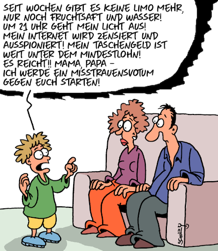 Cartoon: Misstrauensvotum (medium) by Karsten Schley tagged politik,familie,eltern,kinder,ernährung,erziehung,protest,generationen,konflikte,gesellschaft,politik,familie,eltern,kinder,ernährung,erziehung,protest,generationen,konflikte,gesellschaft