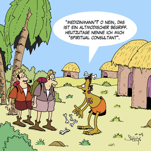 Cartoon: Modern (medium) by Karsten Schley tagged forschung,paläontologie,natur,eingeborene,naturvölker,völkerkunde,wissenschaft,wissenschaftler,forscher,consultants,sprache,forschung,paläontologie,natur,eingeborene,naturvölker,völkerkunde,wissenschaft,wissenschaftler,forscher,consultants,sprache