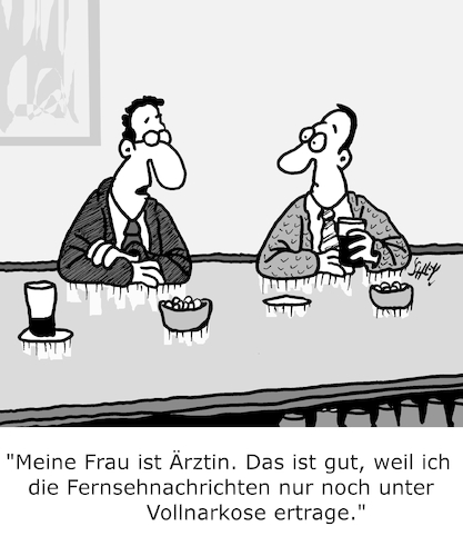 Cartoon: Nachrichten (medium) by Karsten Schley tagged ärzte,ehe,männer,frauen,beziehungen,bars,pubs,nachrichten,fernsehen,medien,gesellschaft,ärzte,ehe,männer,frauen,beziehungen,bars,pubs,nachrichten,fernsehen,medien,gesellschaft