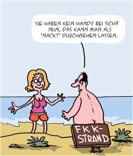 Cartoon: NACKT!!! (medium) by Karsten Schley tagged fkk,urlaub,strand,reisen,handys,meer,technik,abhängigkeit,internet,gesellschaft,fkk,urlaub,strand,reisen,handys,meer,technik,abhängigkeit,internet,gesellschaft