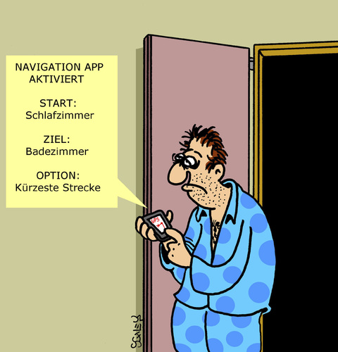 Cartoon: Navigation App (medium) by Karsten Schley tagged smartphones,mobiltelefone,morgenmuffel,computer,apps,navigationssysteme,handys,technik,technik,handys,navigationssysteme,apps,computer,morgenmuffel,mobiltelefone,smartphones