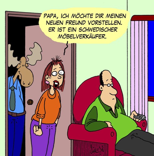 Cartoon: Neuer Freund (medium) by Karsten Schley tagged verkaufen,verkäufer,männer,frauen,freundschaft,liebe,eltern,kinder,väter,töchter,wirtschaft,business,schweden,ausländer,gesellschaft,beziehungen,verkaufen,verkäufer,männer,frauen,freundschaft,liebe,eltern,kinder,väter,töchter,wirtschaft,business,schweden,ausländer,gesellschaft,beziehungen