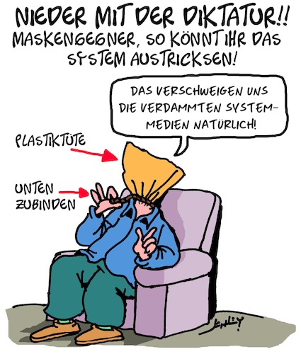 Cartoon: NIEDER MIT DER DIKTATUR!!! (medium) by Karsten Schley tagged coronavirus,gesundheit,masken,verschwörungstheorien,maskengegner,politik,gesellschaft,medien,coronavirus,gesundheit,masken,verschwörungstheorien,maskengegner,politik,gesellschaft,medien