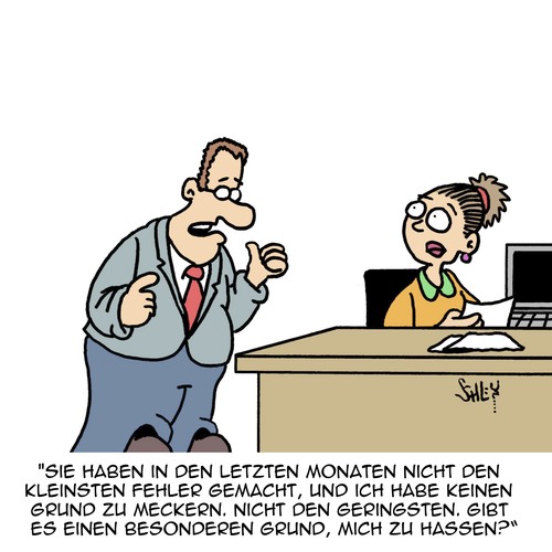 Cartoon: Nix zu meckern??!! (medium) by Karsten Schley tagged arbeit,frauen,männer,business,wirtschaft,arbeitnehmer,arbeitgeber,hass,mobbing,wirtschaft,business,männer,frauen,arbeit,arbeitgeber,arbeitnehmer,mobbing,hass