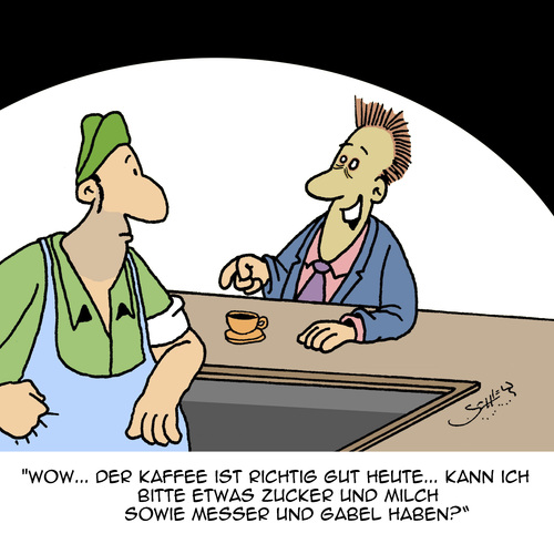 Cartoon: Noch ein Käffchen? (medium) by Karsten Schley tagged kaffee,gastronomie,restaurants,bars,essen,trinken,ernährung,kunden,business,wirtschaft,gesundheit,kaffee,gastronomie,restaurants,bars,essen,trinken,ernährung,kunden,business,wirtschaft,gesundheit