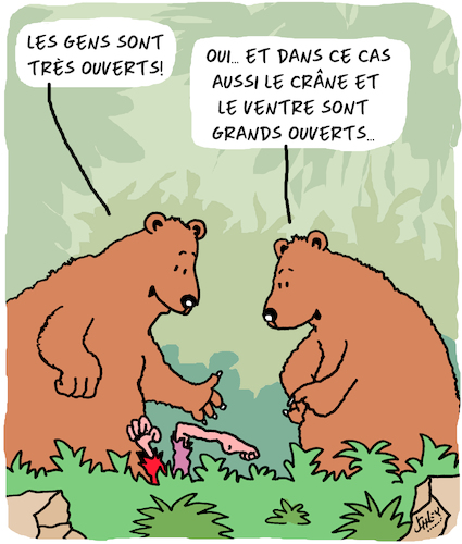 Cartoon: Ouvert... (medium) by Karsten Schley tagged gens,ours,environnement,nature,nutrition,gens,ours,environnement,nature,nutrition