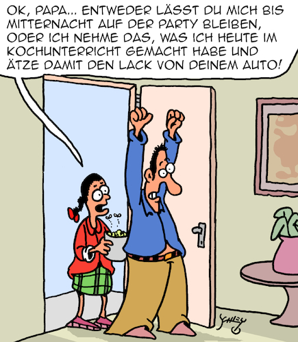 Cartoon: Party! (medium) by Karsten Schley tagged eltern,kinder,väter,töchter,schule,ernährung,kochen,unterricht,bildung,familie,autos,gesellschaft,eltern,kinder,väter,töchter,schule,ernährung,kochen,unterricht,bildung,familie,autos,gesellschaft