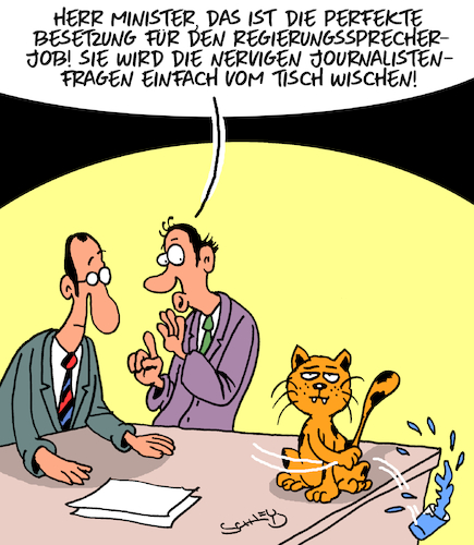 Cartoon: Perfekt! (medium) by Karsten Schley tagged politik,pr,regierung,regierungssprecher,presse,pressekonferenzen,journalisten,medien,minister,berater,gesellschaft,katzen,politik,pr,regierung,regierungssprecher,presse,pressekonferenzen,journalisten,medien,minister,berater,gesellschaft,katzen