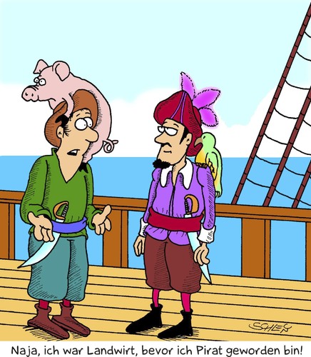 Cartoon: Piraten (medium) by Karsten Schley tagged piraten,landwirtschaft,jobs,wirtschaft,tiere,piraten,landwirtschaft,jobs,wirtschaft,tiere,job,arbeit,landwirt,schwein