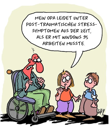 Cartoon: Post-Traumatisch (medium) by Karsten Schley tagged stress,gesundheit,alter,ruhestand,arbeit,familie,computer,technik,windows95,stress,gesundheit,alter,ruhestand,arbeit,familie,computer,technik,windows95