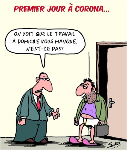 Cartoon: Premier jour a Corona (medium) by Karsten Schley tagged coronavirus,travail,employeurs,employes,sante,politique,coronavirus,travail,employeurs,employes,sante,politique