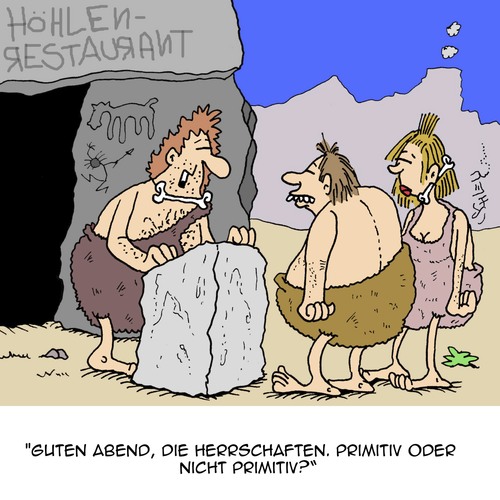 Cartoon: PRIMITIV??! (medium) by Karsten Schley tagged geschichte,evolution,menschheit,restaurants,gastronomie,familie,liebe,beziehungen,jobs,geschichte,evolution,menschheit,restaurants,gastronomie,familie,liebe,beziehungen,jobs