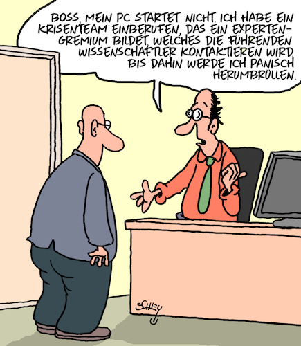 Cartoon: Problemlösung (medium) by Karsten Schley tagged computer,technik,probleme,lösungsstrategien,experten,wissenschaft,krisen,büro,wirtschaft,arbeit,arbeitgeber,arbeitnehmer,gesellschaft,computer,technik,probleme,lösungsstrategien,experten,wissenschaft,krisen,büro,wirtschaft,arbeit,arbeitgeber,arbeitnehmer,gesellschaft