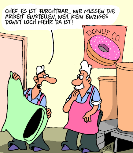 Cartoon: Produktion einstellen (medium) by Karsten Schley tagged donuts,ernährung,lebensmittel,wirtschaft,produktionsgüter,rohstoffe,arbeitgeber,arbeitnehmer,gesellschaft,donuts,ernährung,lebensmittel,wirtschaft,produktionsgüter,rohstoffe,arbeitgeber,arbeitnehmer,gesellschaft