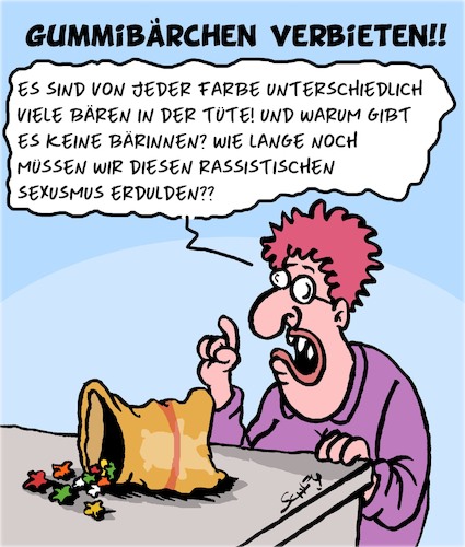 Cartoon: Rassistischer Sexismus!! (medium) by Karsten Schley tagged rassismus,sexismus,gummibären,gleichheit,ungleichheit,männer,frauen,diverse,woke,business,gesellschaft,deutschland,rassismus,sexismus,gummibären,gleichheit,ungleichheit,männer,frauen,diverse,woke,business,gesellschaft,deutschland