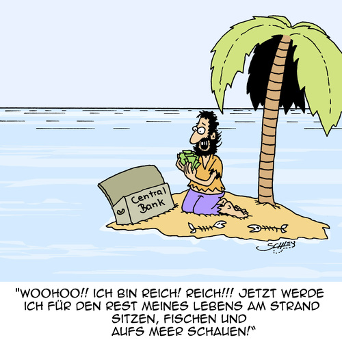 Cartoon: REICH!!!! (medium) by Karsten Schley tagged geld,gesellschaft,ruhestand,rente,pension,frührente,reichtum,fischen,inseln,schiffbrüchige,seefahrt,klima,meere,ozeane,geld,gesellschaft,ruhestand,rente,pension,frührente,reichtum,fischen,inseln,schiffbrüchige,seefahrt,klima,meere,ozeane