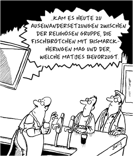 Cartoon: Religiöse Konflikte (medium) by Karsten Schley tagged religion,konflikte,strömungen,kneipen,gewalt,ernährung,gesellschaft,religion,konflikte,strömungen,kneipen,gewalt,ernährung,gesellschaft