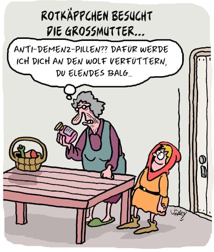 Cartoon: Rotkäppchen besucht Oma (medium) by Karsten Schley tagged rotkäppchen,märchen,sagen,familie,grosseltern,alter,wölfe,metaphern,gesellschaft,rotkäppchen,märchen,sagen,familie,grosseltern,alter,wölfe,metaphern,gesellschaft