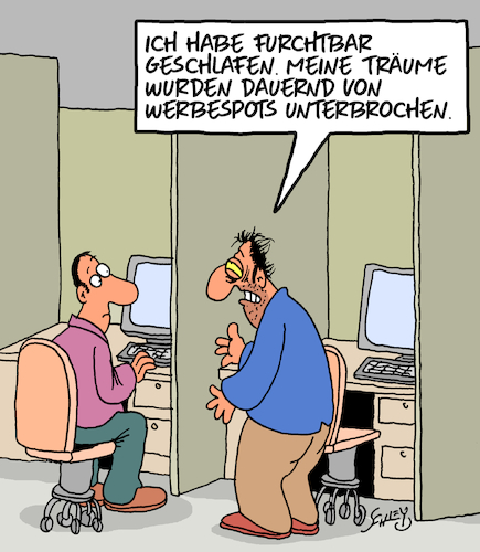 Cartoon: Schlecht geschlafen (medium) by Karsten Schley tagged büro,jobs,träume,werbung,werbeunterbrechung,business,wirtschaft,stress,medien,gesellschaft,büro,jobs,träume,werbung,werbeunterbrechung,business,wirtschaft,stress,medien,gesellschaft