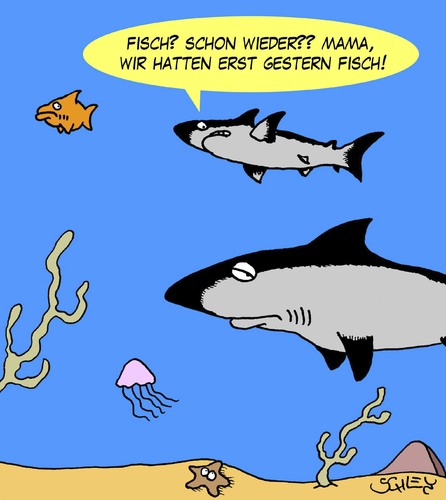 Cartoon: Schon wieder Fisch?! (medium) by Karsten Schley tagged fisch,essen,ernährung,kinder,eltern,mütter,meer,ozeane,tiere,haie,wasser,fisch,essen,ernährung,kinder,eltern,mütter,meer,ozeane,tiere,haie,wasser