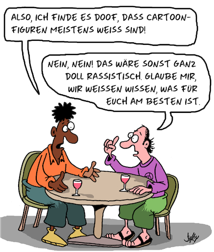 Cartoon: Schwarz-Weiß (medium) by Karsten Schley tagged cartoons,karikaturen,ethnien,schwarze,weiße,witze,rassismus,bigotterie,kultur,medien,gesellschaft,deutschland,cartoons,karikaturen,ethnien,schwarze,weiße,witze,rassismus,bigotterie,kultur,medien,gesellschaft,deutschland