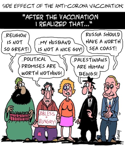 Cartoon: Side Effekt (medium) by Karsten Schley tagged coronavirus,religion,vaccination,politics,health,medical,social,issues,side,effects,marriage,coronavirus,religion,vaccination,politics,health,medical,social,issues,side,effects,marriage