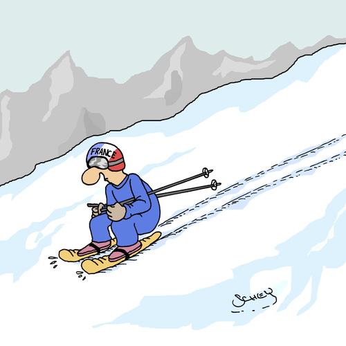 Cartoon: Ski Abfahrt (medium) by Karsten Schley tagged sport,ski,wintersport,skilaufen,abfahrt,frankreich,baguette,berge,winter,schnee,olympia,winterspiele,sport,ski,wintersport,skilaufen,abfahrt,frankreich,baguette,berge,winter,schnee,olympia,winterspiele