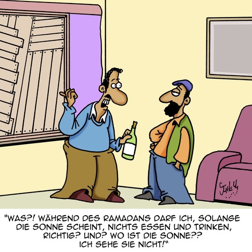 Cartoon: Sonnenschein (medium) by Karsten Schley tagged religion,muslime,ramadan,essen,trinken,gesundheit,fasten,wetter,sonnenschein,gesellschaft,religion,muslime,ramadan,essen,trinken,gesundheit,fasten,wetter,sonnenschein,gesellschaft