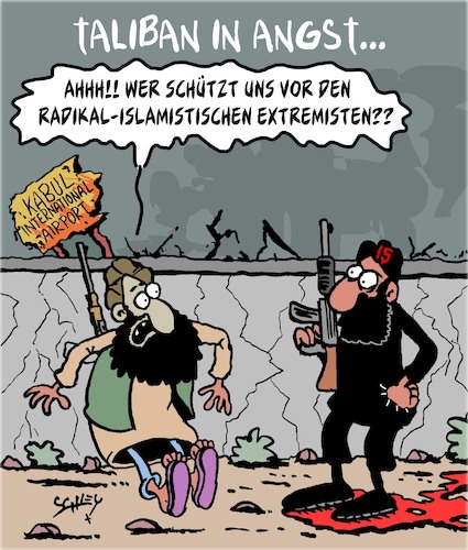 Cartoon: Taliban in Angst (medium) by Karsten Schley tagged taliban,is,terrorismus,islamismus,sharia,krieg,afghanistan,religion,politik,taliban,is,terrorismus,islamismus,sharia,krieg,afghanistan,religion,politik