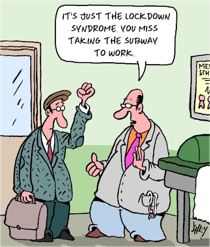 Cartoon: The Syndrome (medium) by Karsten Schley tagged coronavirus,lockdown,jobs,economy,business,politics,medical,health,patients,doctors,employers,transport,coronavirus,lockdown,jobs,economy,business,politics,medical,health,patients,doctors,employers,transport