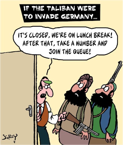 Cartoon: The Taliban in Germany (medium) by Karsten Schley tagged bureaucracy,germany,afghanistan,taliban,politics,refugees,regulations,society,bureaucracy,germany,afghanistan,taliban,politics,refugees,regulations,society