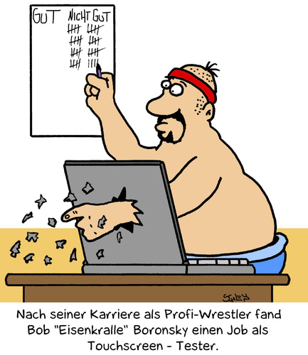 Cartoon: Touchscreen (medium) by Karsten Schley tagged jobs,karriere,sport,wrestling,arbeit,arbeitgeber,arbeitnehmer,computer,technik,touchscreens,wirtschaft,business,jobs,karriere,sport,wrestling,arbeit,arbeitgeber,arbeitnehmer,computer,technik,touchscreens,wirtschaft