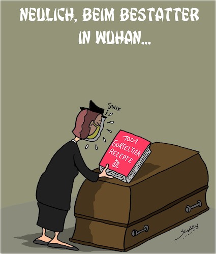 Cartoon: Trauer in Wuhan (medium) by Karsten Schley tagged coronavirus,ernährung,traditionen,essen,china,gürteltiere,kultur,politik,gesundheit,coronavirus,ernährung,traditionen,essen,china,gürteltiere,kultur,politik,gesundheit